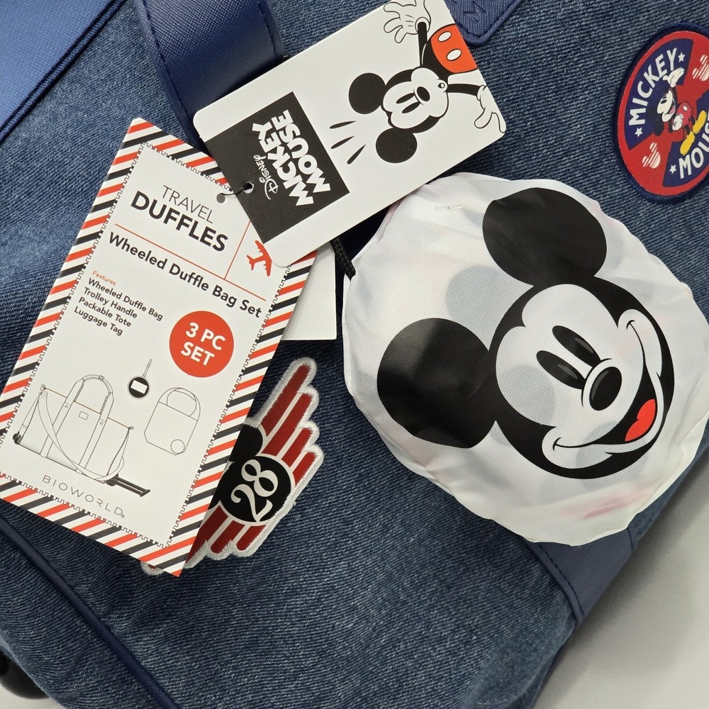 Disney Mickey Mouse Bioworld Wheeled Duffle Bag Set Blue Denim Style - Picture 13 of 13